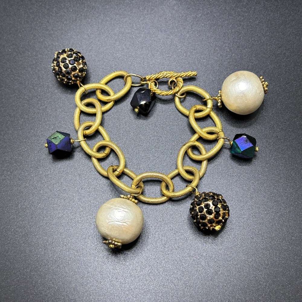 Chunky Gold Charm Bracelet Faux Pearl Pave Crystal Statement Bracelet Boho Glam
